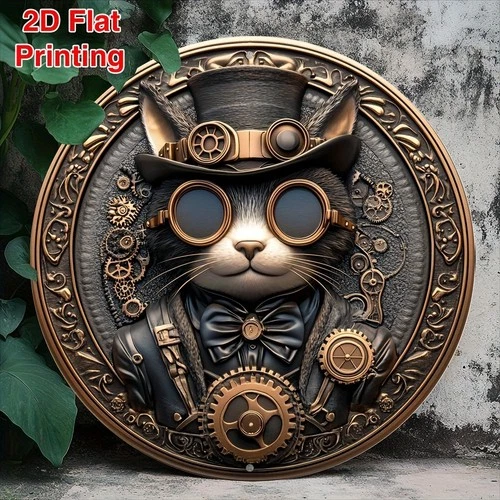 Vintage Steampunk Cat Wall Art,Tin Metal Signs Home Décor 8x8 Aluminum Round Wre