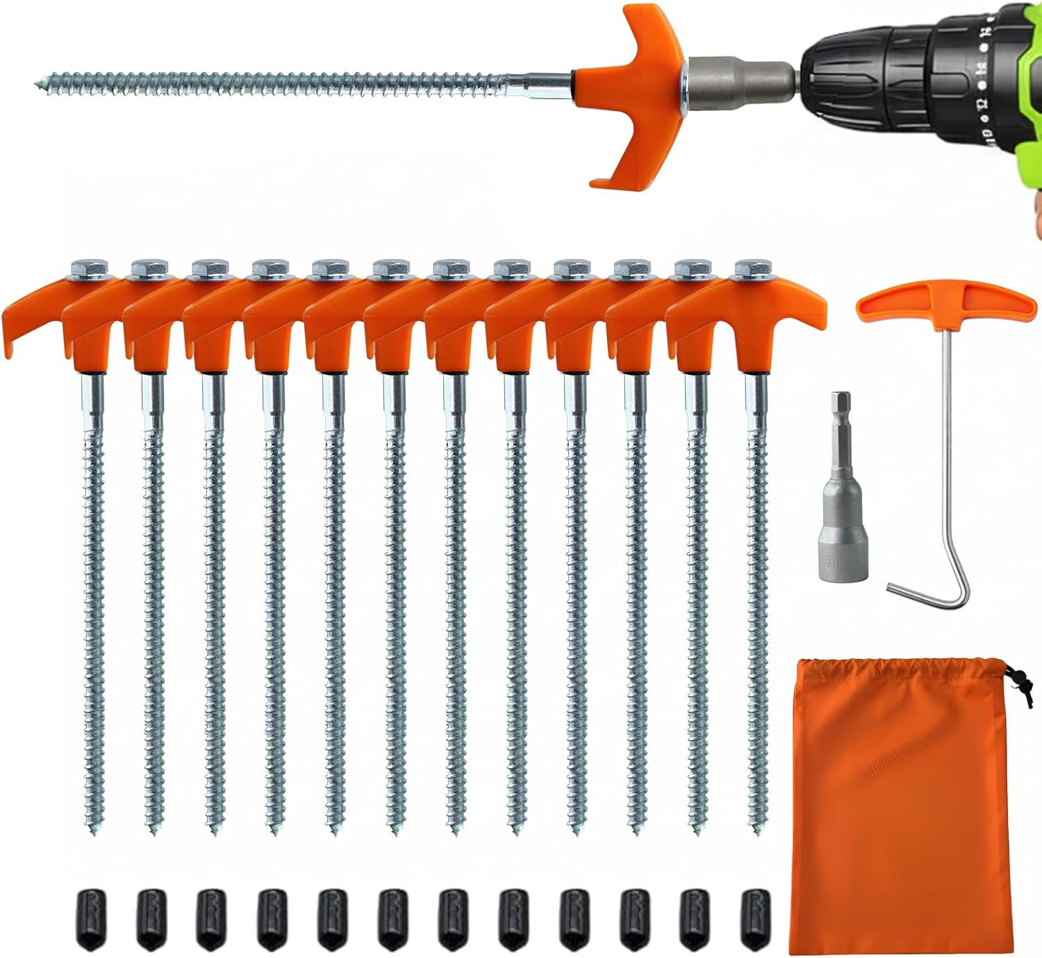 12-Pack Heavy Duty Screw-In Tent Stakes with Drill Adapter &ndash; 8 Inch Ground Ancho