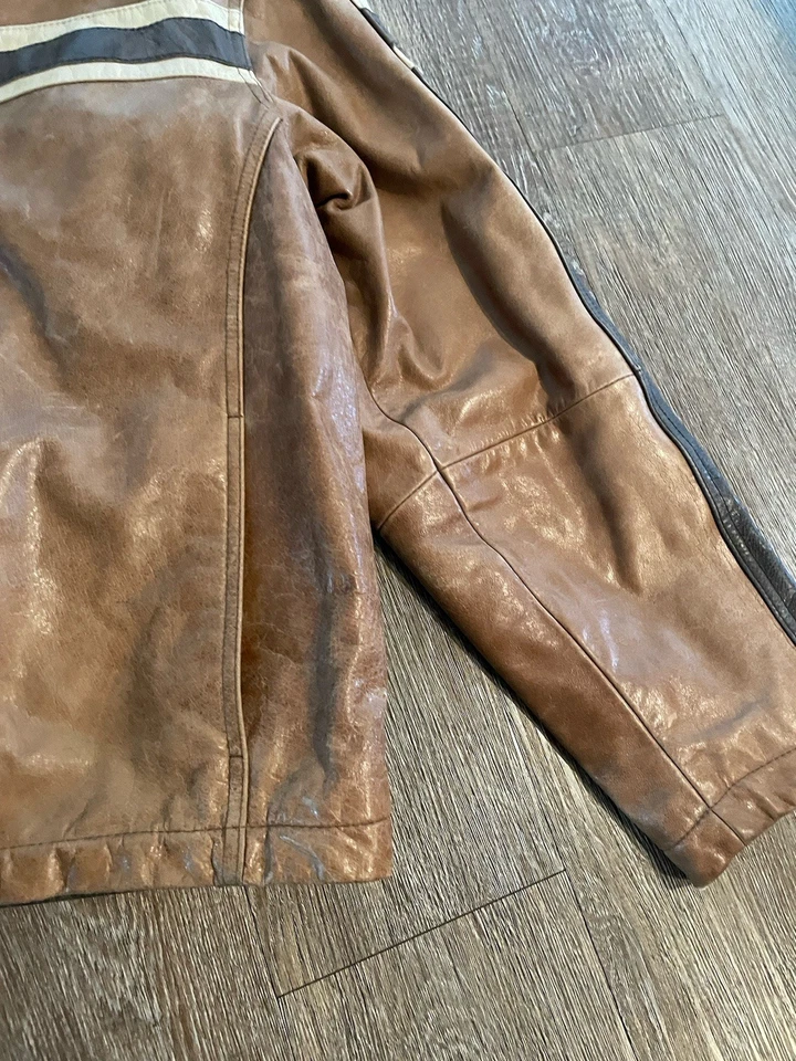 ROUNDTREE & YORKE Leather Jacket Size XL Brown Striped Full Zip - Image 3 of 4