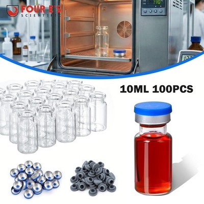 100Pcs 10ml Glass Vials Headspace Vials Sample vials w/ Caps and Rubber Stoppers