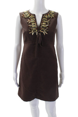 Milly Womens Back Zip Sleeveless V Neck Embellished Dress Brown Cotton Size 0