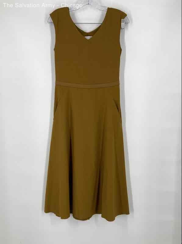 Athleta Womens Mustard Yellow Sleeveless V-Neck Midi Fit & Flare Dress Size S