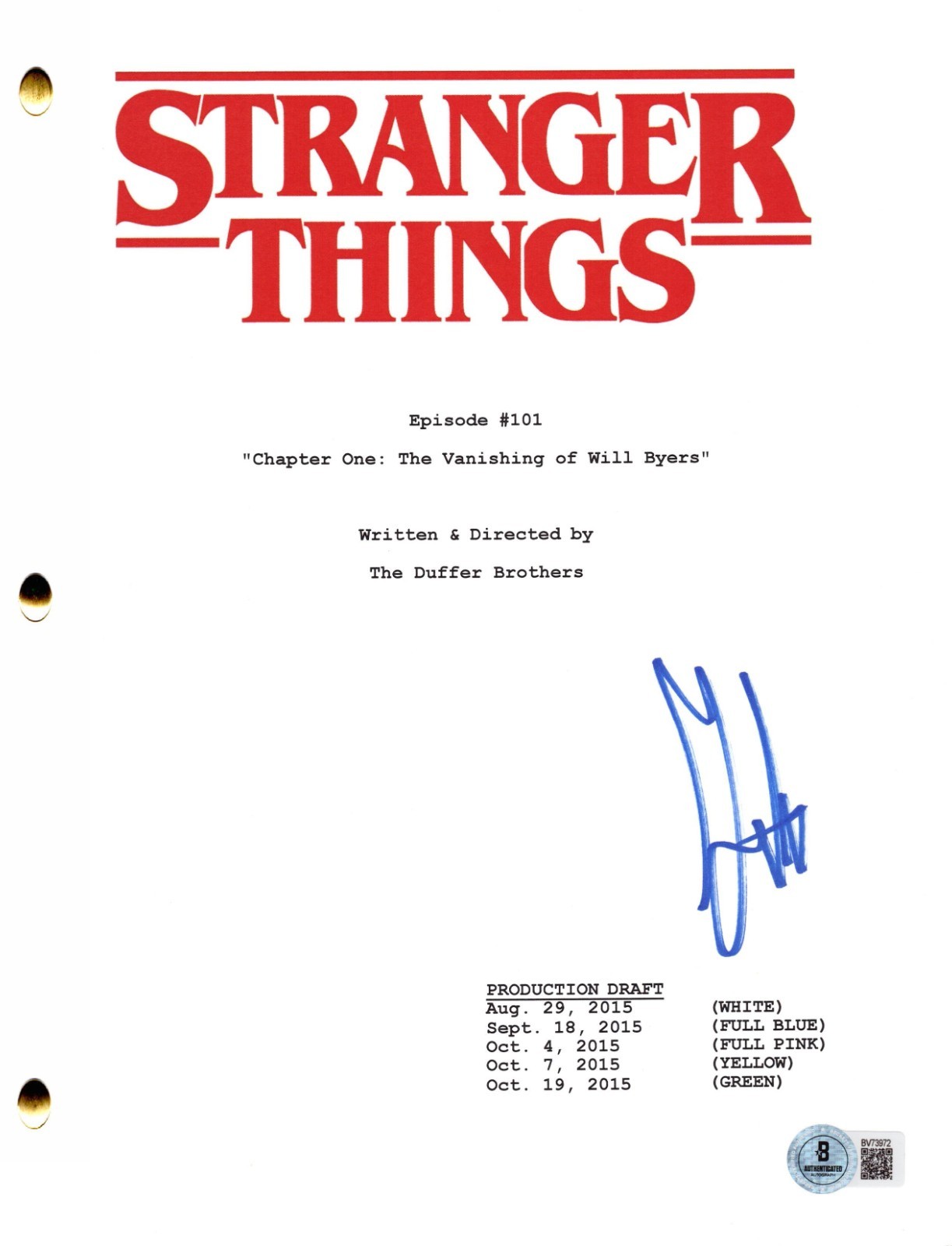 Gaten Matarazzo Autographed Signed Stranger Things Pilot Script Authentic Beckett 