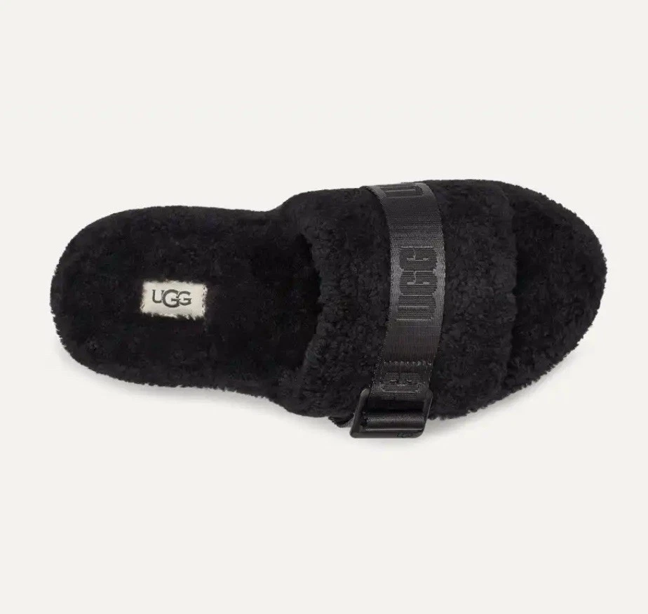 SANDALO UGG FLUFFITA PLATFORM SLIDE CINTURINO LANA RICCIO NERO DONNA US 9