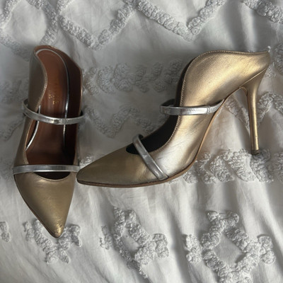 Malone Souliers Womens 6 Gold Silver Synthetic Pointed Toe Strap Mule Heels
