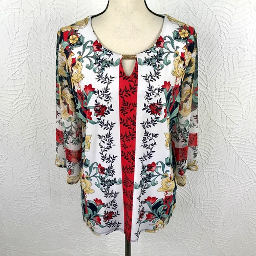 JM Collection Size XL Petite Boho Tunic Top Blouse Rhinestones Stretch Colorful
