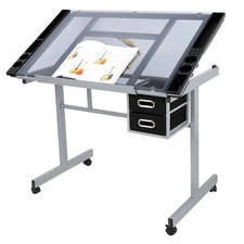 Adjustable Drawing Drafting Table Tempered Glass Art Craft Work Table w/Wheels