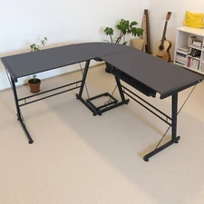 Tempered Glass Computer Desk - L-Shaped, Black, 3-Part Splicing & Open Storage