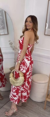 ZARA SS24 WOMAN MIDI PRINTED LINEN BLEND DRESS WHITE RED L