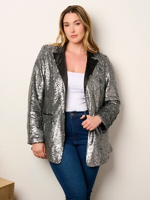 Womens Plus Size Silver Sequin Jacket 3X Button Closure Collared