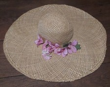 Vintage Straw Wide-Brim Hat With Fabric Flowers