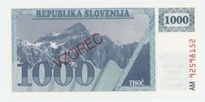 Slovenia 1000 Tolarjev 1992 Pick 9.s1 UNC Banknote Uncirculated Specimen