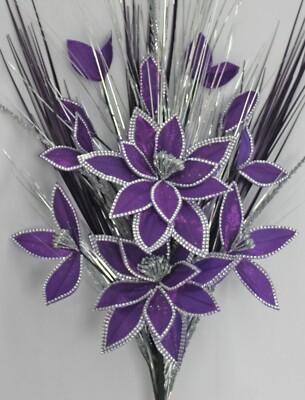 HANDGEFERTIGTE KÜNSTLICHE ANORDNUNG 95 cm, LILA SILBER SPITZE BLUMEN, GRÄSER MISCHEN, 