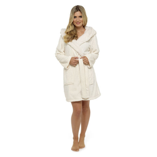 Ladies Soft Luxury Fleece Fur Cable Robe,Sherpa Hooded Dressing Gown, 8-22, Gift - Picture 5 of 6
