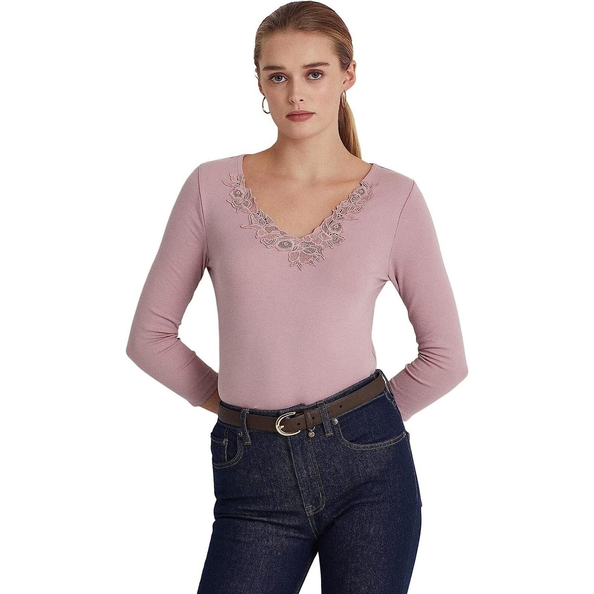 Lauren Ralph Lauren Women Lilac Cotton Knit Lace Trim Casual Slim  
