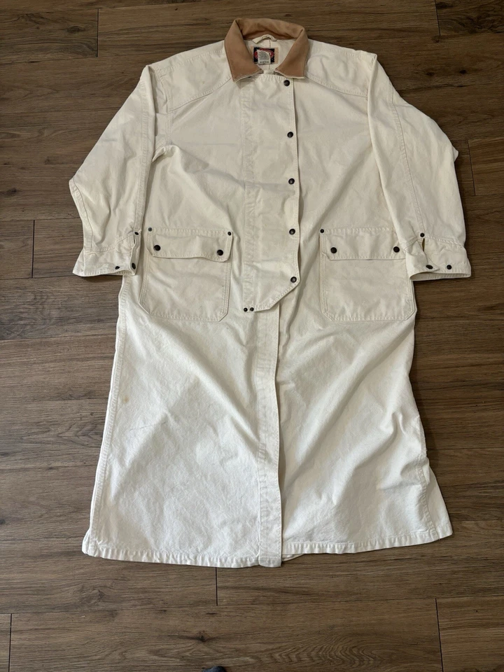 Vintage Australian Outback Collection Duster Coat LRG White Duck Cloth & Leather
