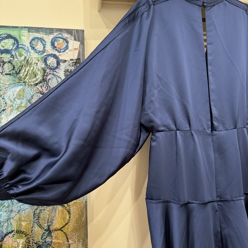 Self Portrait Size 12 Navy Asymmetric Midi Dress Balloon Sleeve Cocktail - Picture 10 of 11