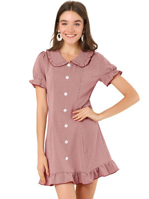 Damen Kleid Kariert Kariert Claudine Kragen Rüschen