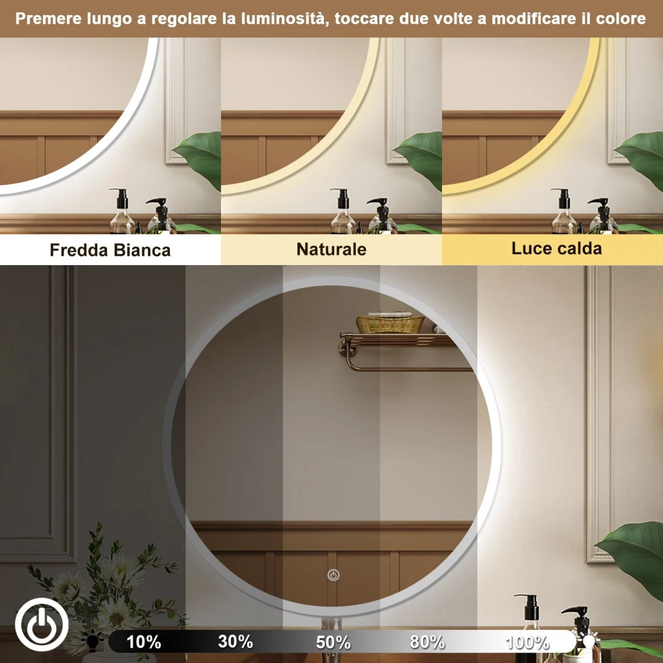 Specchio da bagno LED intelligente con dimmerabile e disappannamento - Immagine 3 di 4
