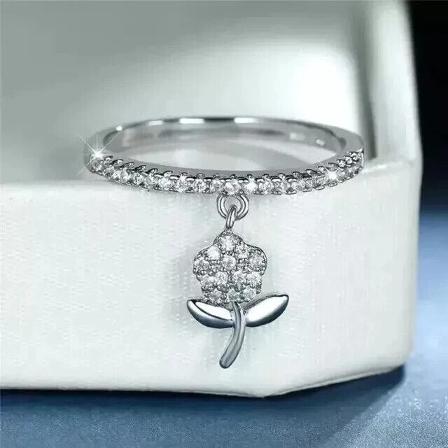 Round Cut Simulated Diamond Gorgeous Dangle Flower Ring In 14k White Gold Plated - Image 2 of 4
