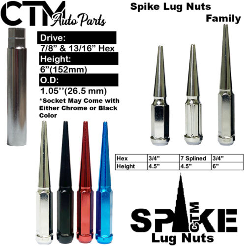20Pc 6" TALL BLACK M14x1.5 XL SOLID SPIKE LUG NUT+KEY FIT 5 LUG M14x1.5 MODELS - Picture 2 of 2