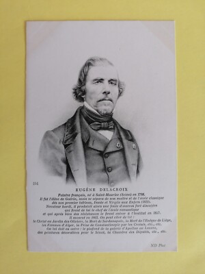 Old postcard engraving drawing of the painter Eugene Delacroix born in St Maurice (Seine) in 1798
