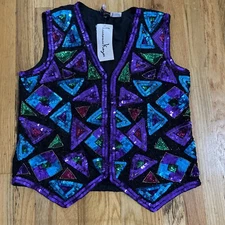 Laurence Kazan Sequin Silk Top Vest Vintage Colorful Size Large New With Tags