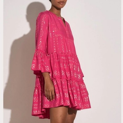 Elan Clara Pink & Gold Foil Cotton Blend Tiered Bell Sleeve Dress Size Medium