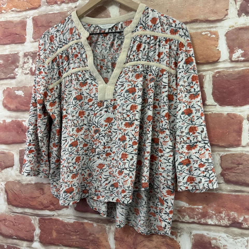 Lucky Brand Top Womens Large Cream Multicolor Boho Floral Vine Asymmetric Shirt - Image 3 of 4