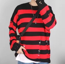 Jumper Pullover Striped Red Black Ripped Grunge Streetwear Design Sweater L
