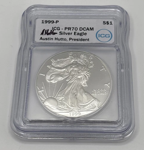 1999 P $1 American Silver Eagle 1oz ICG PR70DCAM Austin Hutto Signed
