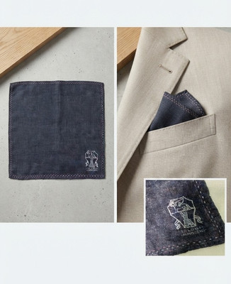 Brunello Cucinelli Herren Einstecktuch blau einfarbig mit Stickerei 100% Seide