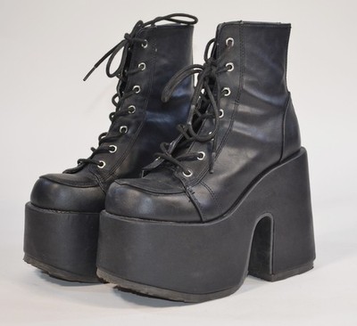 Demonia Camel 203 Black Leather Platform Boots Chunky Heel Ankle 6 Womens Zipper
