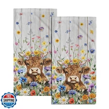 Giwawa Highland Cattle Hand Towels Set of 2 Watercolor Floral Decorative Kitc