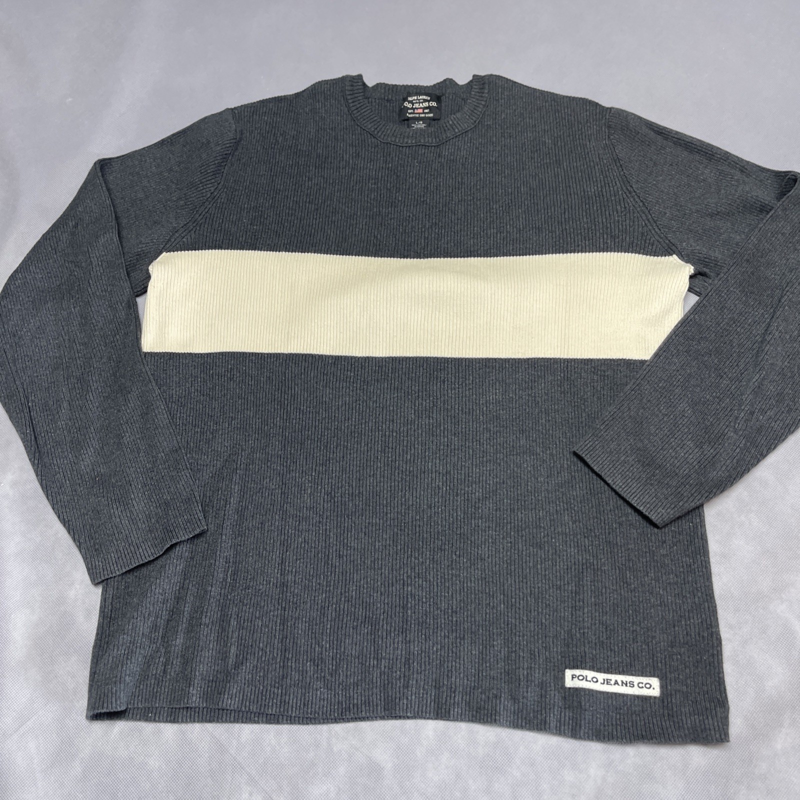 Vintage Polo Ralph Lauren Sweater Mens Large Gray Rib Knit Pullover Japan Made