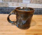 handmade, ceramic coffee mug "Woo Blue Brown" glaze w/ blue drip accents. 14 Oz — photo 1