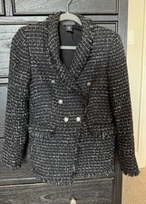 NWOT RACHEL ZOE BLACK METALLIC TWEED FRINGE DOUBLE BREASTED BLAZER Medium