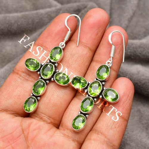 Peridot Earring Gemstone Handmade 925 Sterling Silver Jewelry Earring 1.98" - Picture 2 of 8