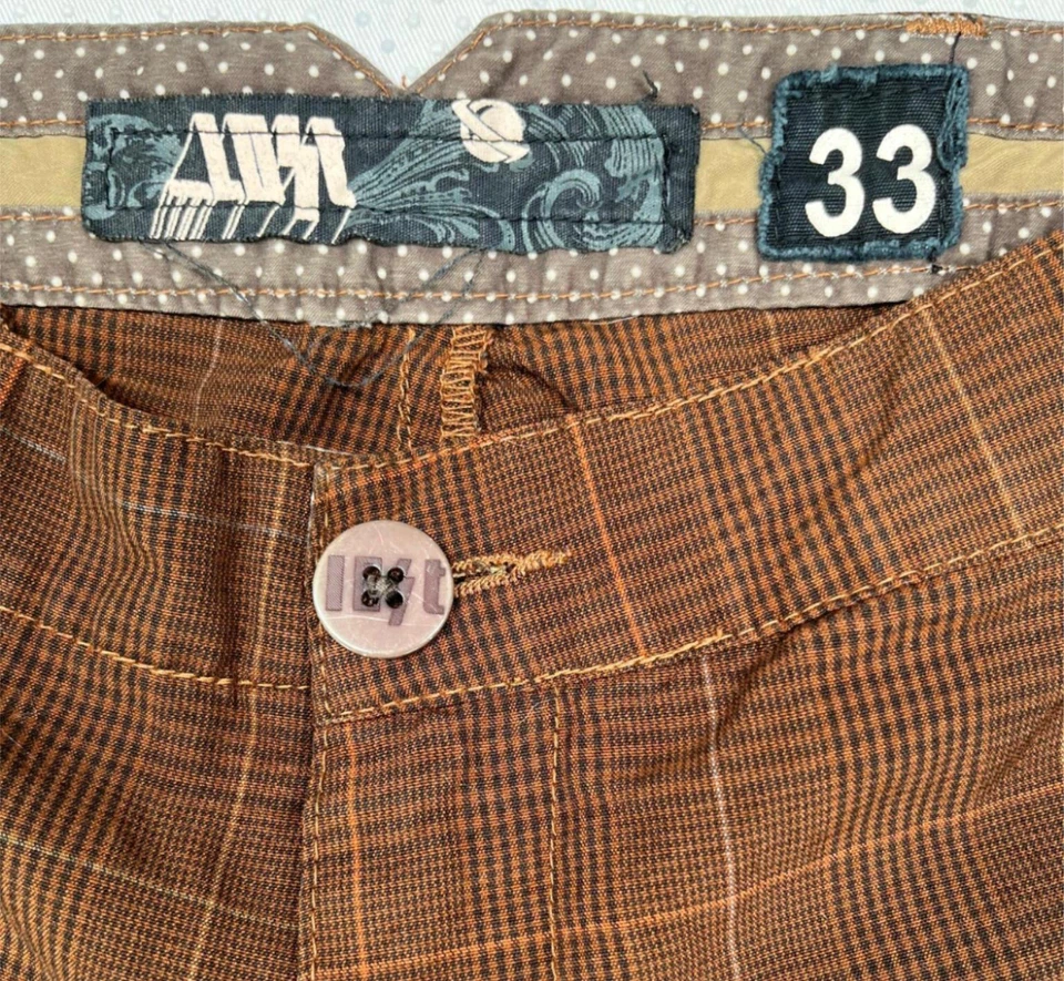 Pantalones cortos de golf chinos a cuadros Lost para hombre tiro medio frente plano preppy informales marrones talla 33 Foto 2 de 4