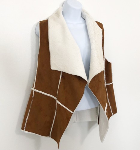 Lulu B Y2K Cardigan Vest Faux Suede Shearling Brown Cream Multi Small S Boho NWT - Picture 7 of 12