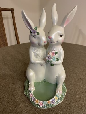 Easter Bunny Couple Flameless Pillar Candle Holder Large 12'' tall Willow Manor