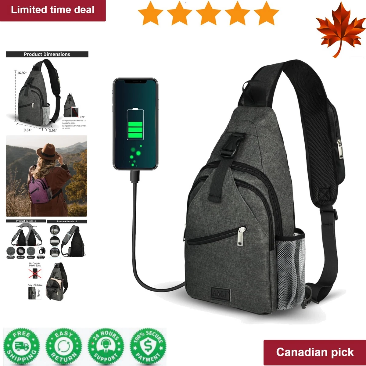 Durable Sling Bag for Travel and Hiking Crossbody Shoulder