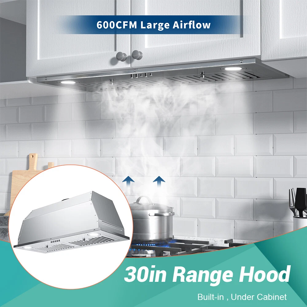 IsEasy Range Hood Insert 30 inch Built-in Kitchen Hood 600 CFM Stainless  Steel