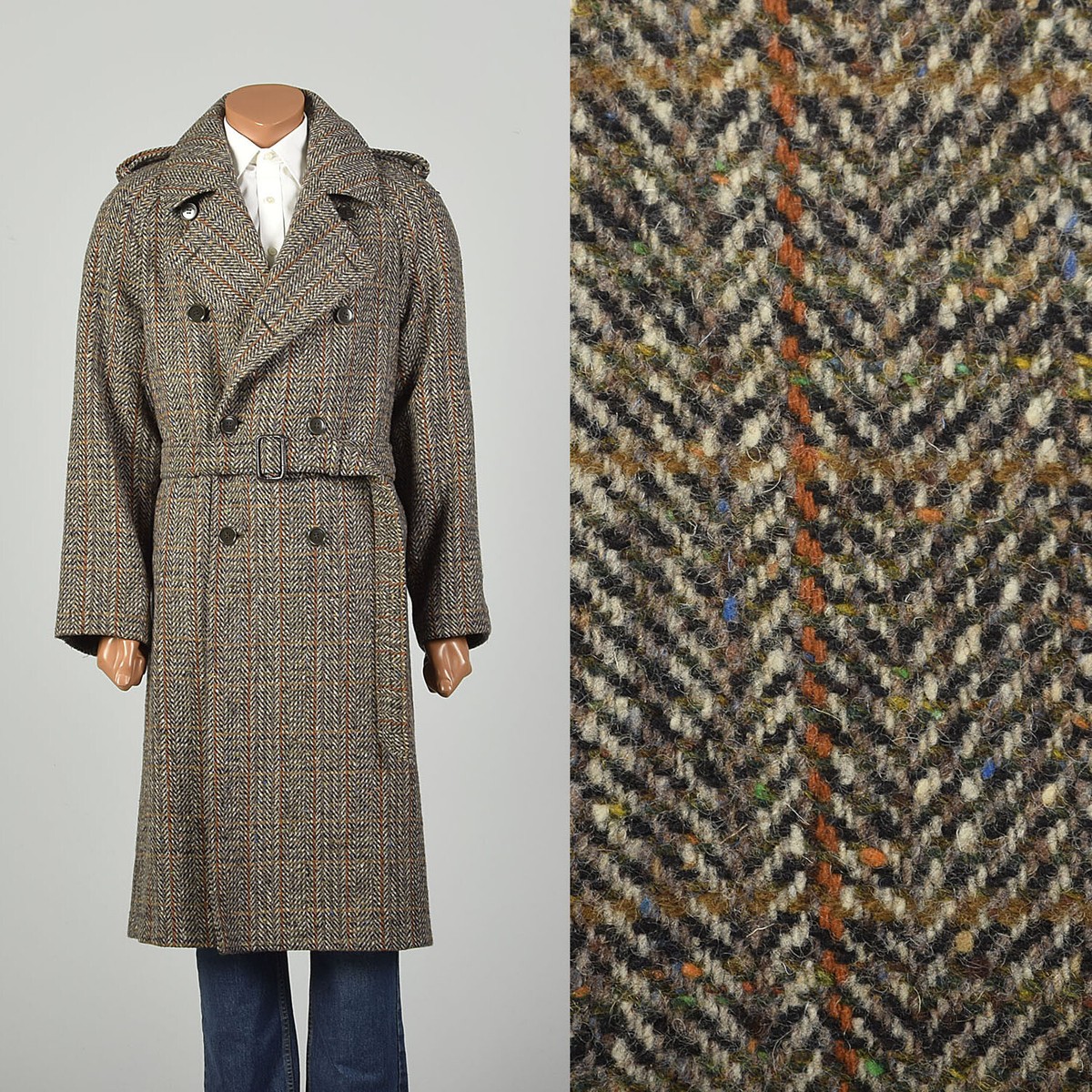 Medium 1970s Plaid Wool Trench Coat Winter Tweed Double Breasted