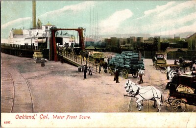 Loading Ship with Cargo, Water Front Scene in Oakland CA Vintage Postcard M55