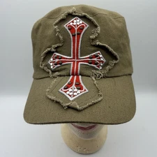 D&Y Elastafit Army Green Hat Cap With Red Jeweled Cross One Size Fits Most Y2K