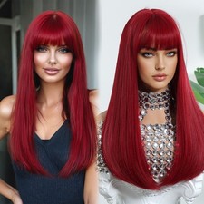 22" Vibrant Red Long Straight Wig w/Bangs Synthetic Hair Wig for Women Statement