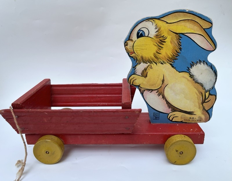 Fisher Price Wood Bunny Rabbit Wagon Pull Toy 401 Vintage 1942