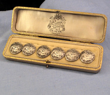 STERLING SILVER ANTIQUE JUGENDSTIL LADY ART NOUVEAU BUTTONS X6 BOX DISPLAY 1901
