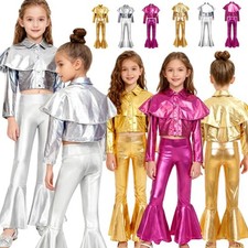 Kids Girls Set Latin Outfits Elastic Waistband Costume With Bell-bottom Modern